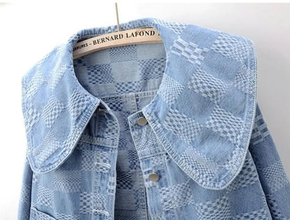 Denim Jackets- Women Cropped Denim Jacket with Peter Pan Collar- - IndioGear.com