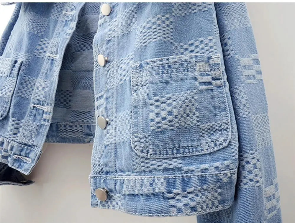 Denim Jackets- Women Cropped Denim Jacket with Peter Pan Collar- - IndioGear.com