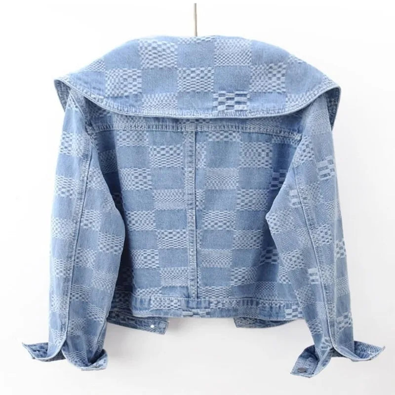 Denim Jackets- Women Cropped Denim Jacket with Peter Pan Collar- - IndioGear.com