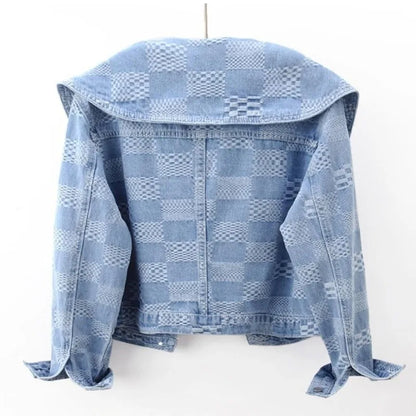 Denim Jackets- Women Cropped Denim Jacket with Peter Pan Collar- - IndioGear.com