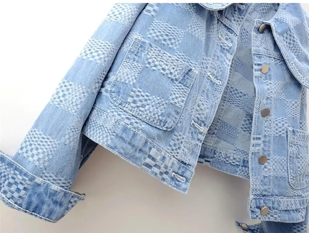 Denim Jackets- Women Cropped Denim Jacket with Peter Pan Collar- - IndioGear.com