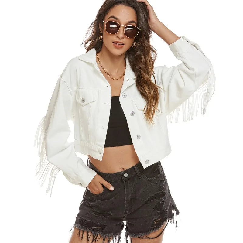 Denim Jackets- Women Fringed Denim Cropped Jacket for Daily Wear- Ivory- IndioGear.com