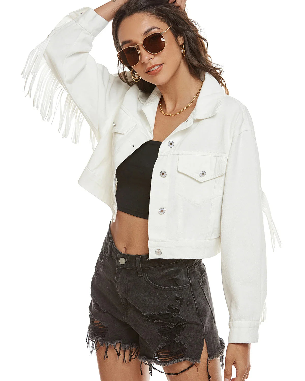 Denim Jackets- Women Fringed Denim Cropped Jacket for Daily Wear- - IndioGear.com