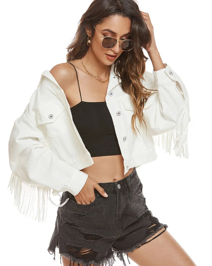 Denim Jackets- Women Fringed Denim Cropped Jacket for Daily Wear- - IndioGear.com