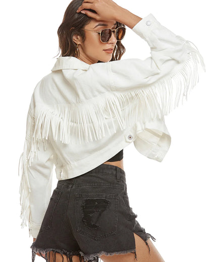 Denim Jackets- Women Fringed Denim Cropped Jacket for Daily Wear- - IndioGear.com