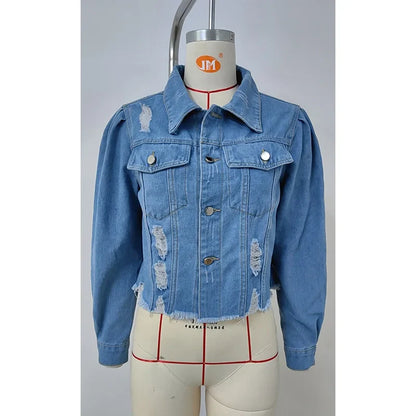 Denim Jackets- Women Light Wash Distressed Cropped Denim Jacket- - IndioGear.com