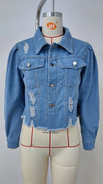 Denim Jackets- Women Light Wash Distressed Cropped Denim Jacket- - IndioGear.com