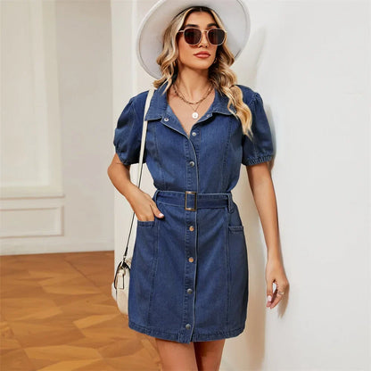 Denim Mini Dresses- Belted Denim Mini Dress- - IndioGear.com