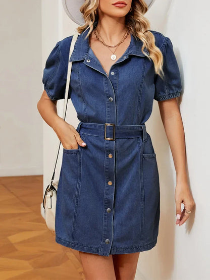 Denim Mini Dresses- Belted Denim Mini Dress- Dark Blue- IndioGear.com