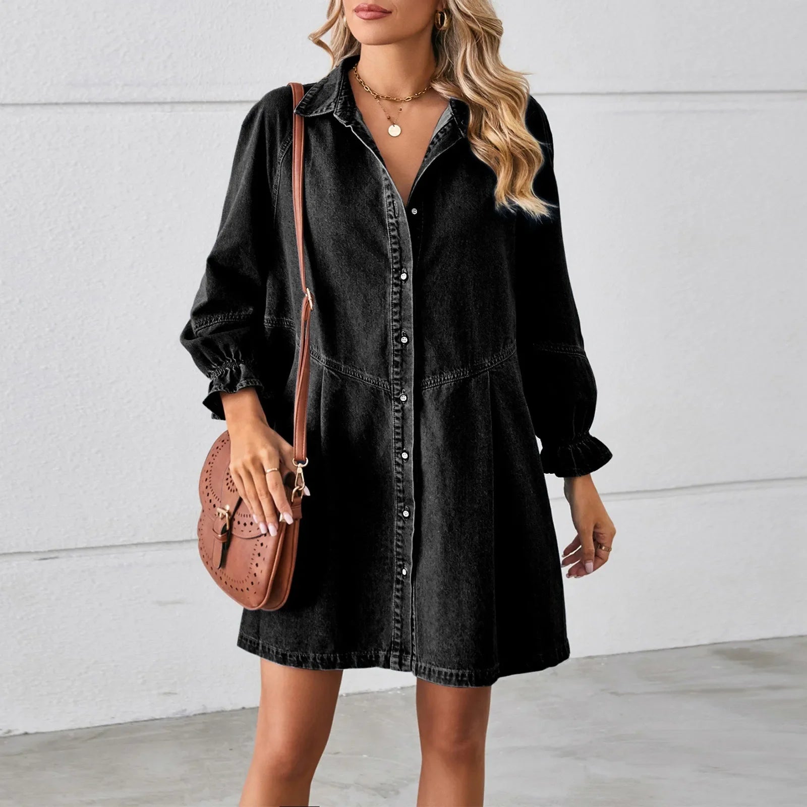 Denim Mini Dresses- Casual Denim Mini Shirt Dress - Relaxed Fit- Black- IndioGear.com