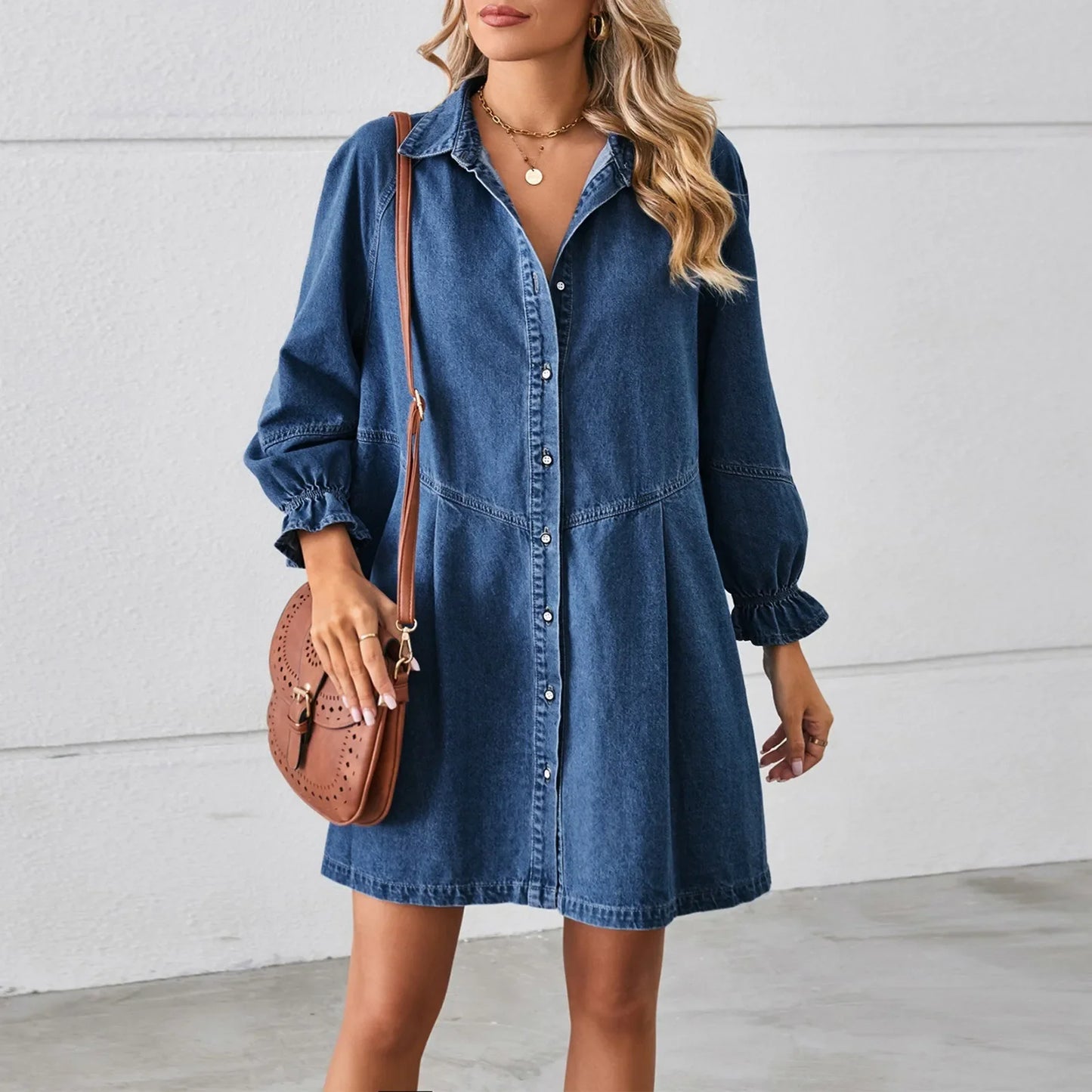 Denim Mini Dresses- Casual Denim Mini Shirt Dress - Relaxed Fit- Dark Blue- IndioGear.com