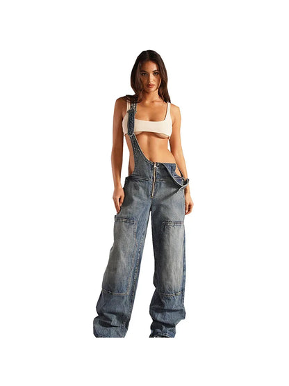 Denim Overalls- Sleeveless Loose Denim Overalls Wide Leg