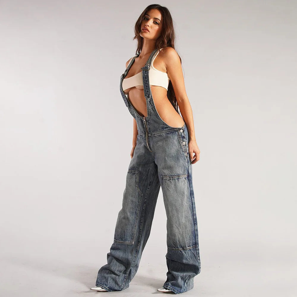 Denim Overalls- Sleeveless Loose Denim Overalls Wide Leg