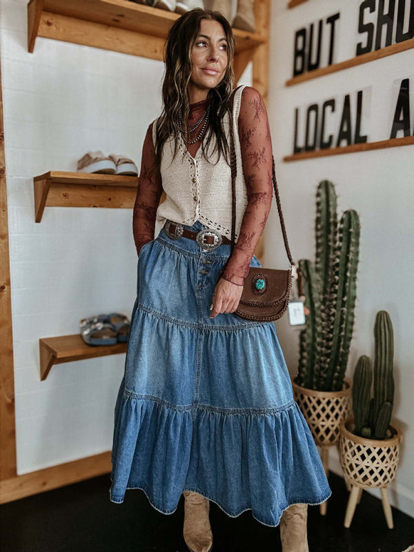 Denim Skirts- Boho Denim Tiered Midi Skirt- - IndioGear Women Clothing