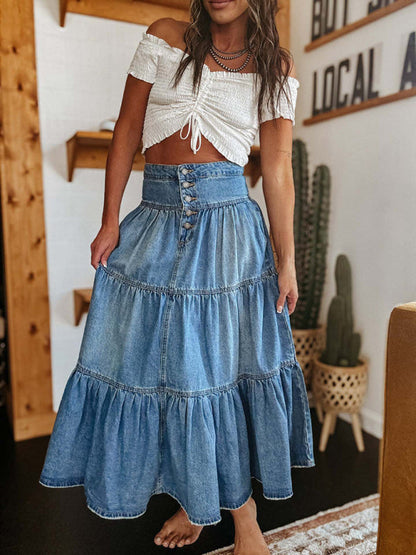 Denim Skirts- Boho Denim Tiered Midi Skirt- - IndioGear Women Clothing