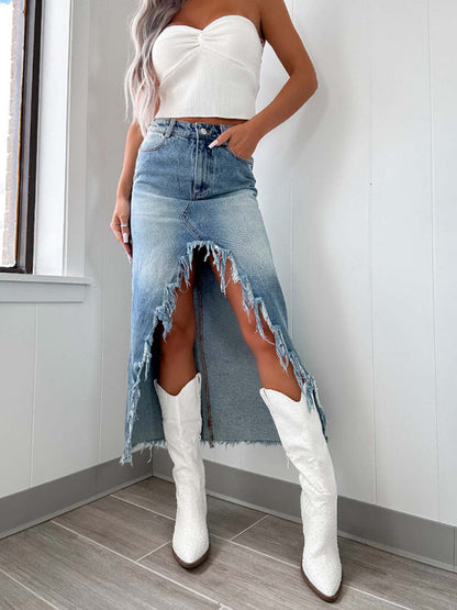 Denim Skirts- Edgy Frayed Denim High-Low Midi Skirt- - IndioGear Women Clothing