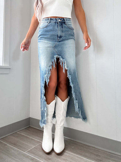 Denim Skirts- Edgy Frayed Denim High-Low Midi Skirt- - IndioGear Women Clothing