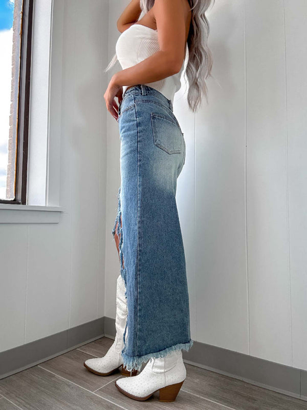 Denim Skirts- Edgy Frayed Denim High-Low Midi Skirt- - IndioGear Women Clothing