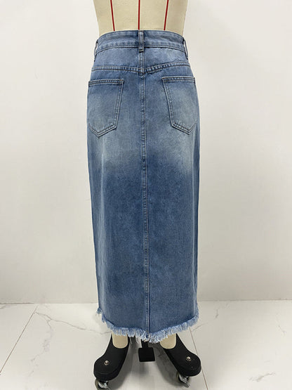 Denim Skirts- Edgy Frayed Denim High-Low Midi Skirt- - IndioGear Women Clothing