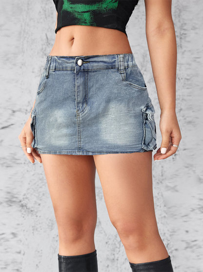 Denim Skirts- Edgy Mini Denim Skirt in Cargo Style- - IndioGear.com