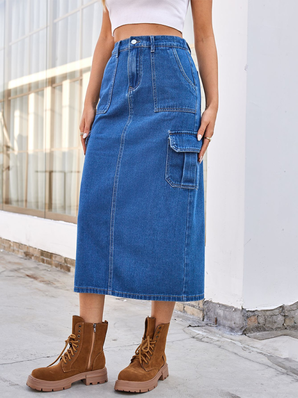 Denim Skirts- Functional Cargo Denim Mid-Calf Skirt- - IndioGear.com