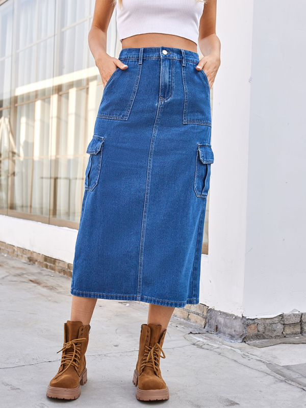 Denim Skirts- Functional Cargo Denim Mid-Calf Skirt- Blue- IndioGear.com