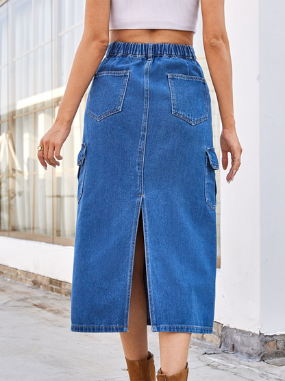 Denim Skirts- Functional Cargo Denim Mid-Calf Skirt- - IndioGear.com