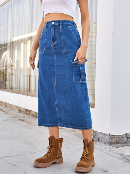 Denim Skirts- Functional Cargo Denim Mid-Calf Skirt- - IndioGear.com