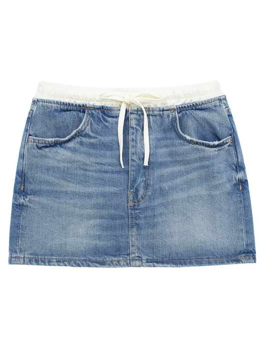 Denim Skrits- Women Edgy Denim Mini Skirt with Contrast Waistband- Blue- IndioGear.com