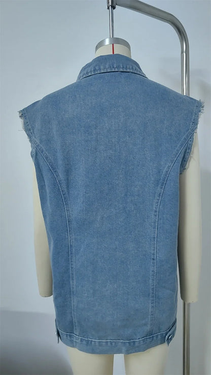 Denim Vest - Oversized Classic Denim Vest – Biker Look Design