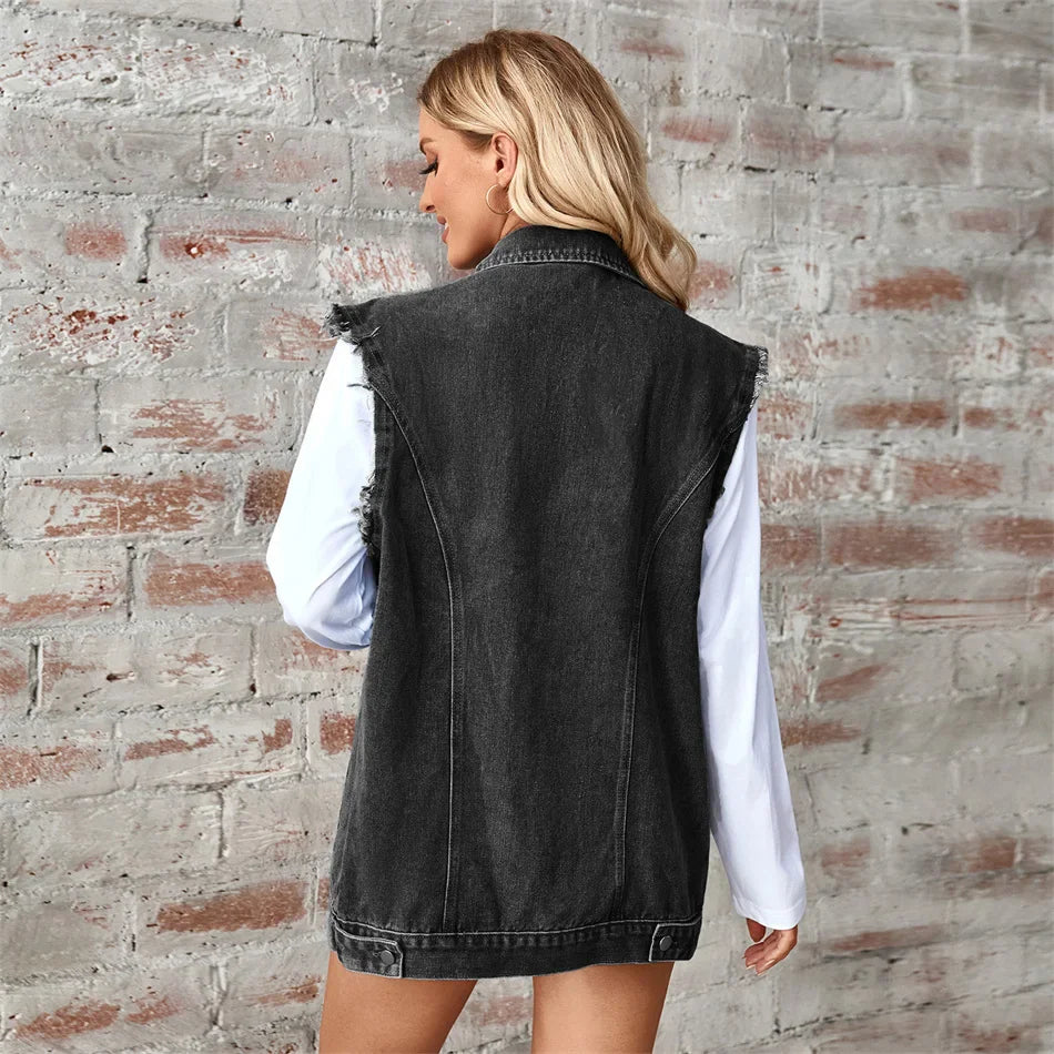 Denim Vest - Oversized Classic Denim Vest – Biker Look Design