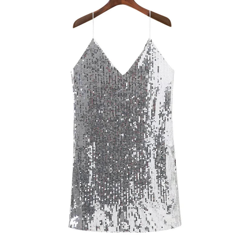 Disco Dresses- Glam Night Out V-Neck Sequined Cocktail Dress- - IndioGear.com