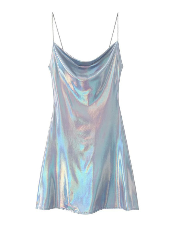 Disco Dresses- Metallic Slip Dress- Blue- IndioGear.com