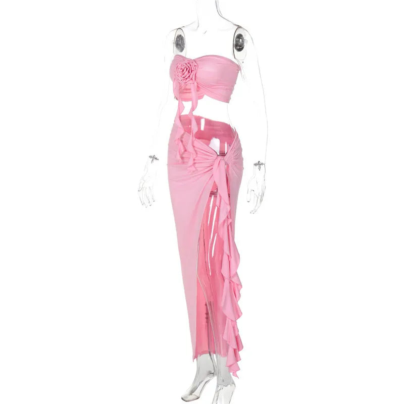 Disco Outfits- Floral Rosette Crop Top and Slit Maxi Skirt Set for Clubbing- - IndioGear.com