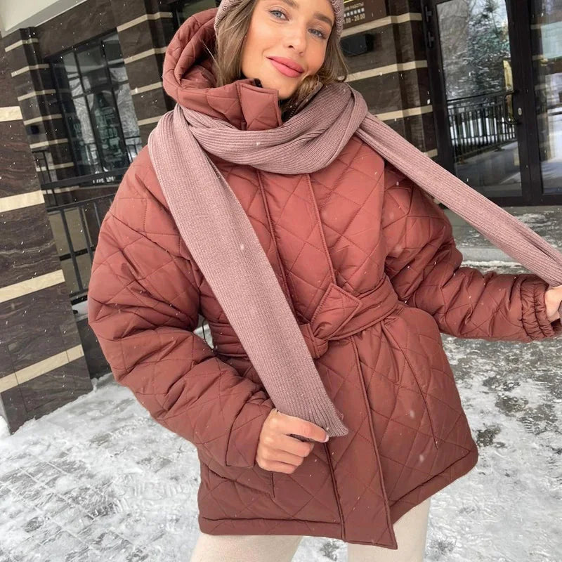 Down Jackets- Belted Quilted Hooded Jacket – Winter Essential- Brown- IndioGear.com