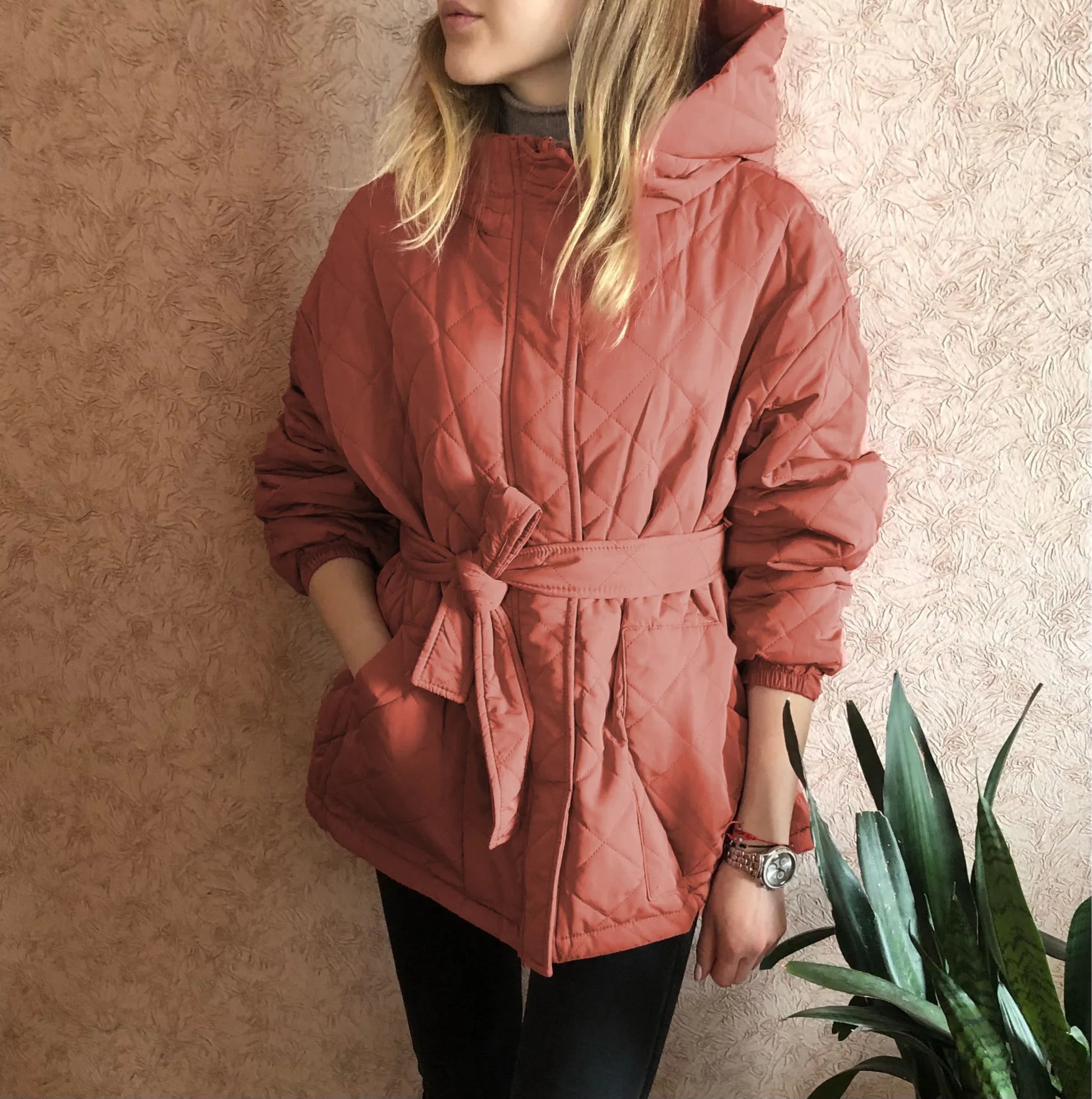 Down Jackets- Belted Quilted Hooded Jacket – Winter Essential- - IndioGear.com