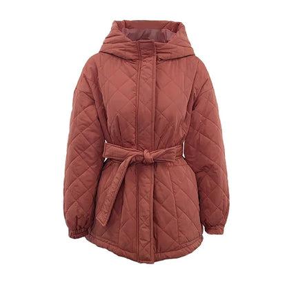 Down Jackets- Belted Quilted Hooded Jacket – Winter Essential- - IndioGear.com