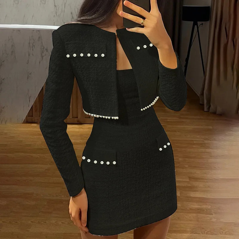 Dress & Top Matching Set Outfit- Mini Strapless Bodycon + Crop Blazer Matching Set Outfit - Professional- - IndioGear.com