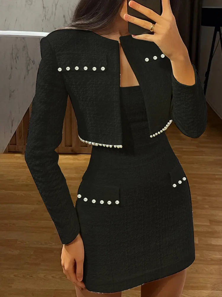 Dress & Top Matching Set Outfit- Mini Strapless Bodycon + Crop Blazer Matching Set Outfit - Professional- - IndioGear.com