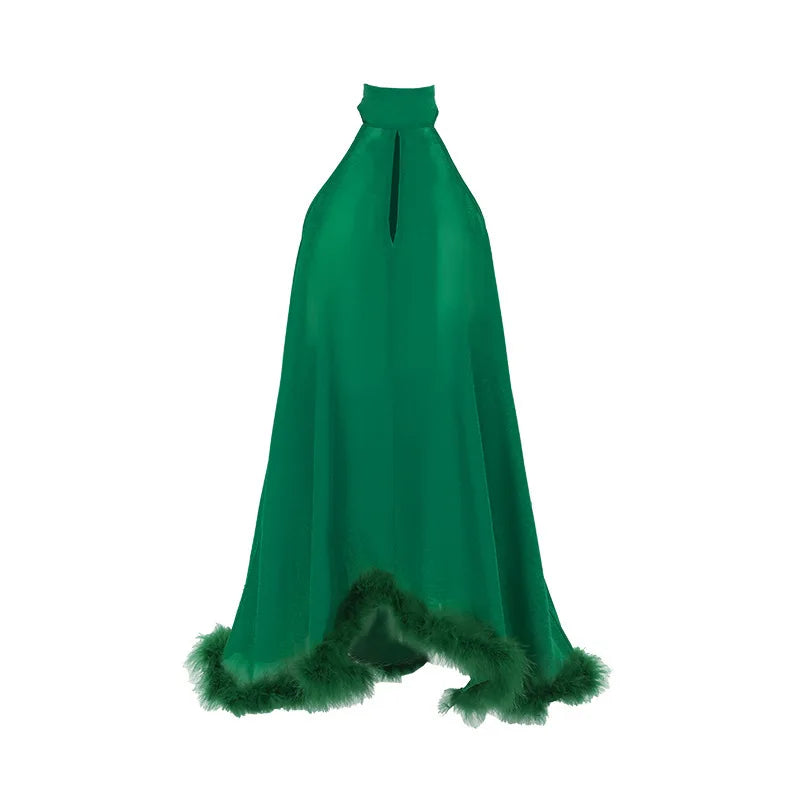 Dresses- Backless Halter Dress with Feather Hem – Night Out Vibes- Green- IndioGear Women Clothing