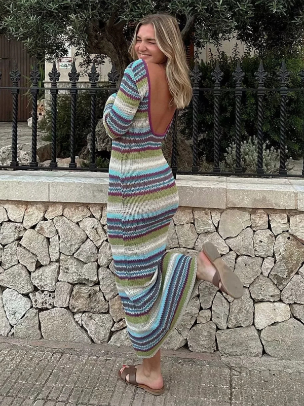 Dresses- Colorful Striped Backless Dress for Every Occasion- - IndioGear.com