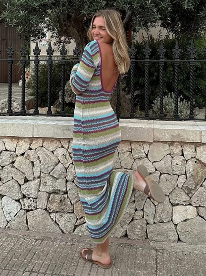 Dresses- Colorful Striped Backless Dress for Every Occasion- - IndioGear.com