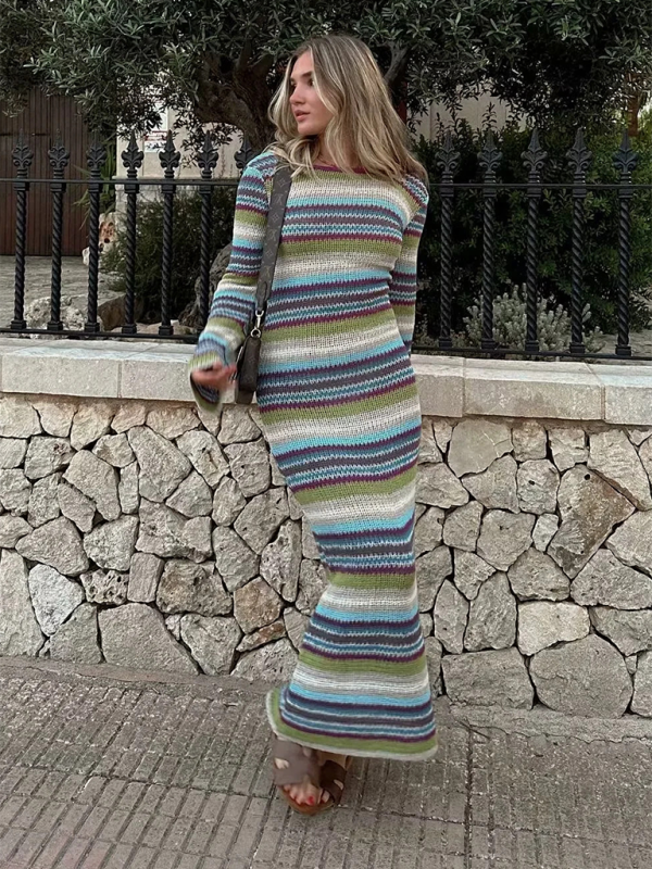 Dresses- Colorful Striped Backless Dress for Every Occasion- Pattern- IndioGear.com