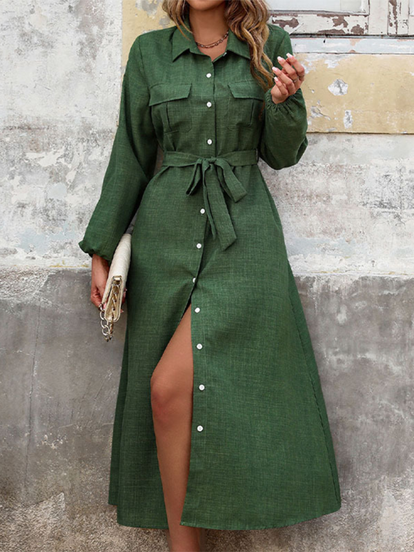 Dresses- Flowing Green Shirt Dress for Modern Women- Olive green- IndioGear.com