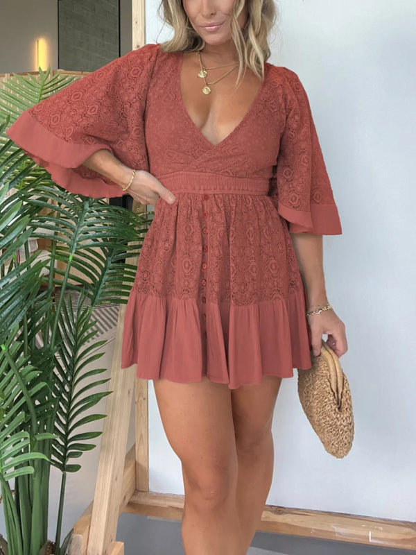 Dressy Dresses- Floral Lace Overlay Kimono Sleeve Dress- - IndioGear Women Clothing