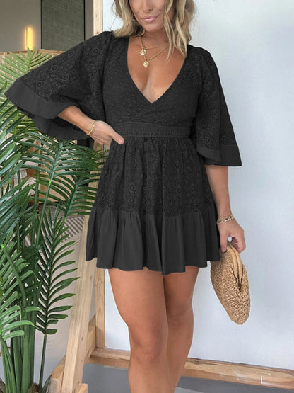 Dressy Dresses- Floral Lace Overlay Kimono Sleeve Dress- Black- IndioGear Women Clothing