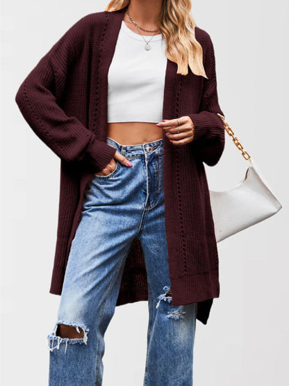 Duster Cardigans- Open Front Cardigan Draped Knit Duster- Wine Red- IndioGear Women Clothing