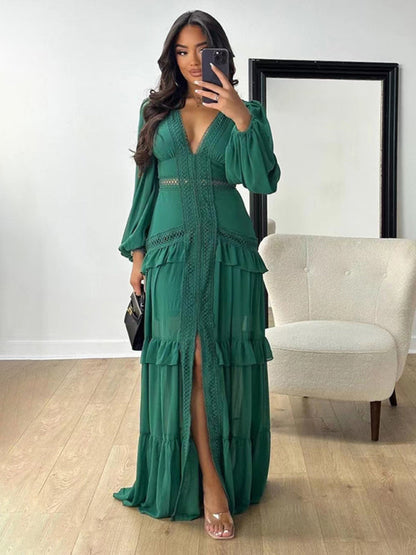 Elegant Dreses- Elegant Fall Chiffon Flowy Layered Maxi Dress- Deep green- IndioGear Women Clothing