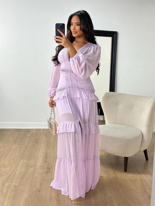 Elegant Dreses- Elegant Fall Chiffon Flowy Layered Maxi Dress- Lavender- IndioGear Women Clothing