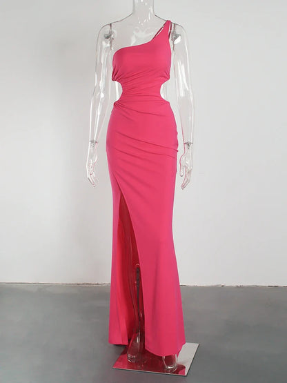 Elegant Dresses- Awards Night Perfection Women's One-Shoulder Cutout Mermaid Maxi Dress- Rose Red- IndioGear.com